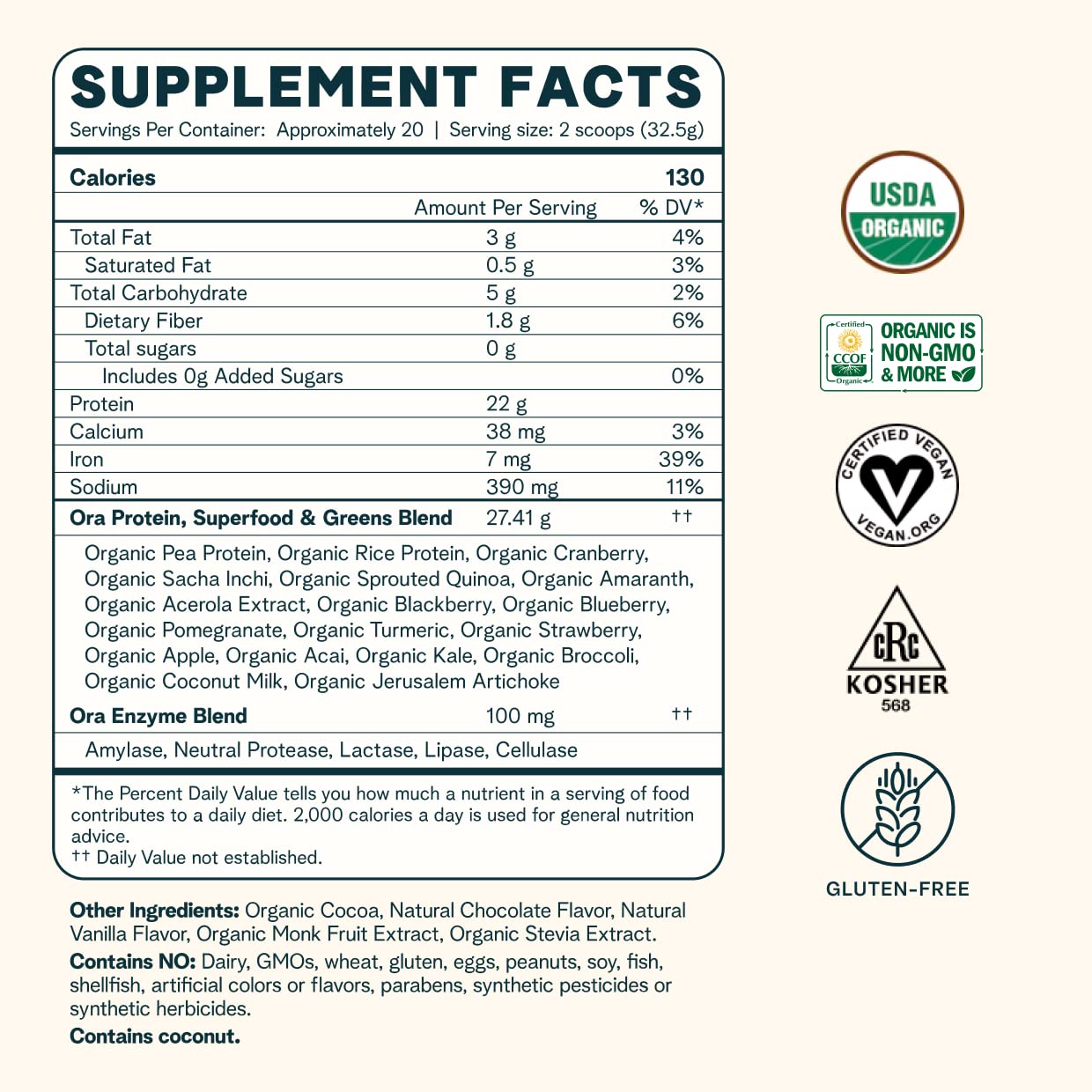 Ora Organic Vegan Protein Powder Bundle Vanilla Chai & Chocolate, 2-Pack, 21g Vanilla Chai Plant Based Protein Powder, 20 Servings; 22g Chocolate Plant Based Protein Powder, 20 Servings