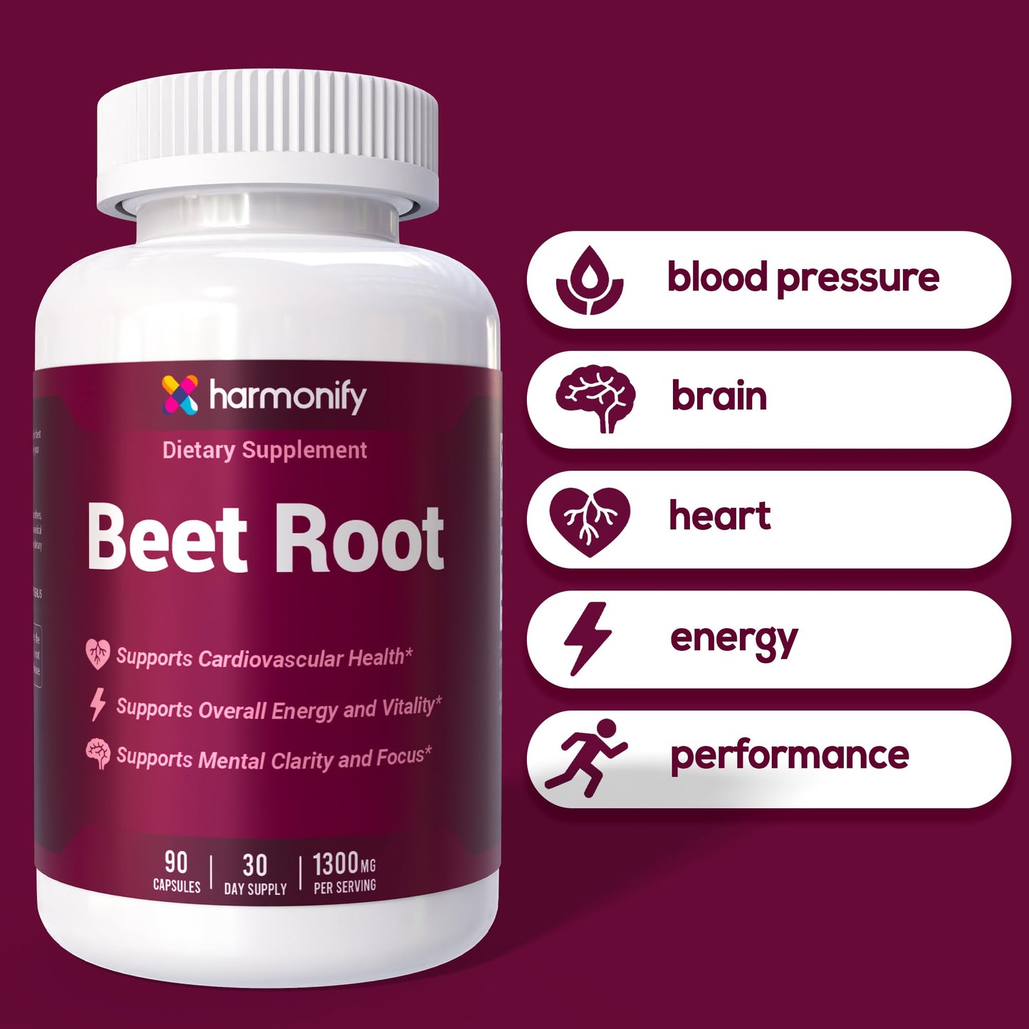 HARMONIFY Beet Root Capsules, Pure Beetroot Powder 1300 mg, Circulation Support Supplement, Vegan, Non-GMO, Gluten-Free, 90 Capsules