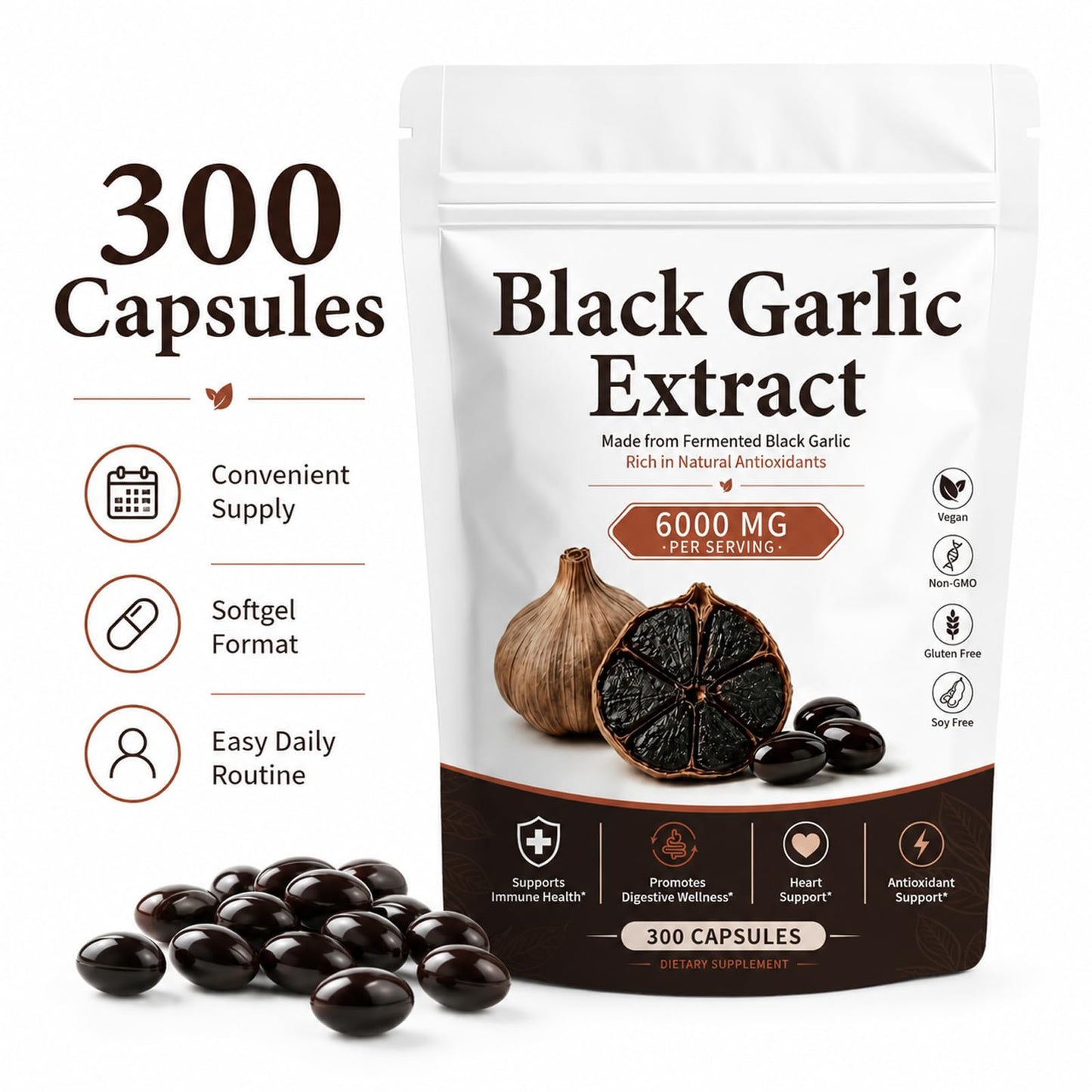 Lkdsoaf Fermented Black Garlic Extract Softgels, 300 Capsules