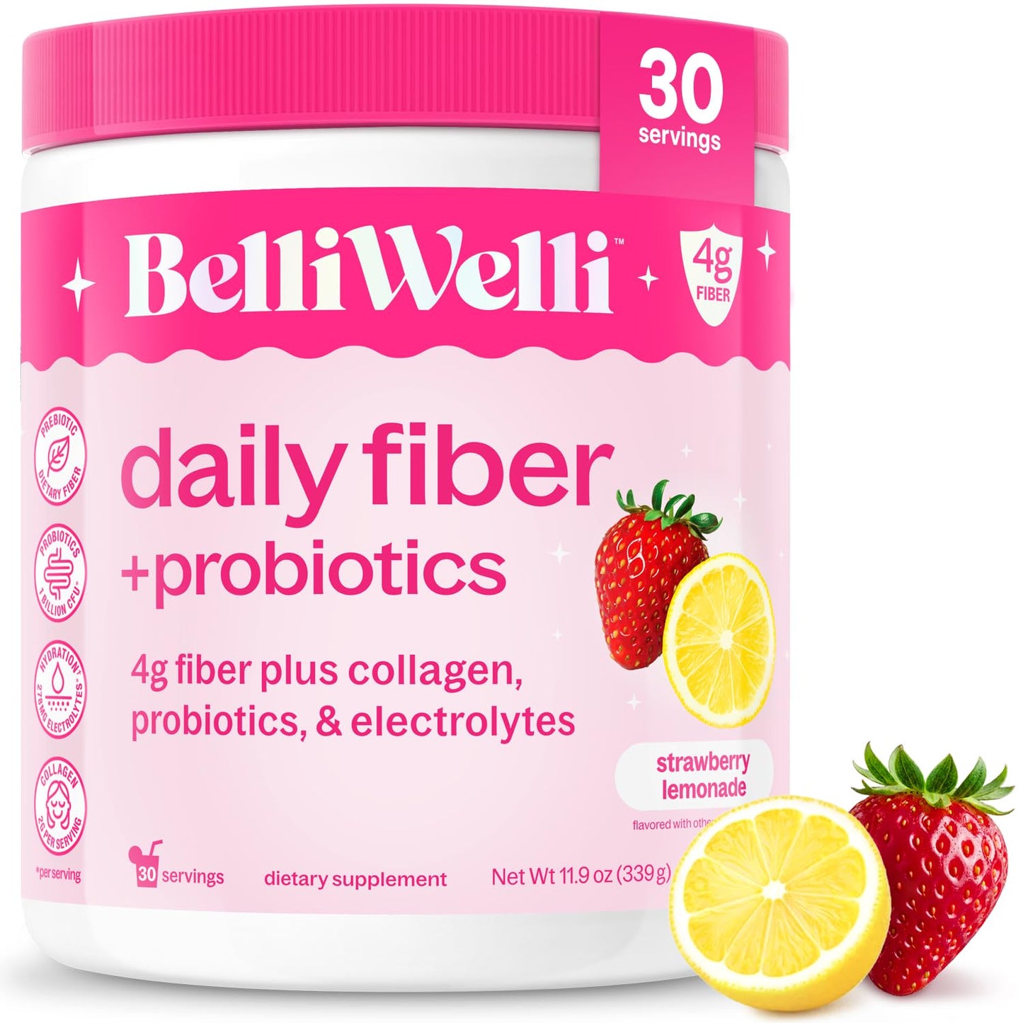 Belli Welli Fiber Supplement for Women & Men Premium Daily Fiber Powder from Organic Acacia with Added Collagen, Electrolytes & Probiotics No Bloat Constipation & Gut Health Support, Strawberry Lemonade Flavor, Powder, 11.9 Ounces