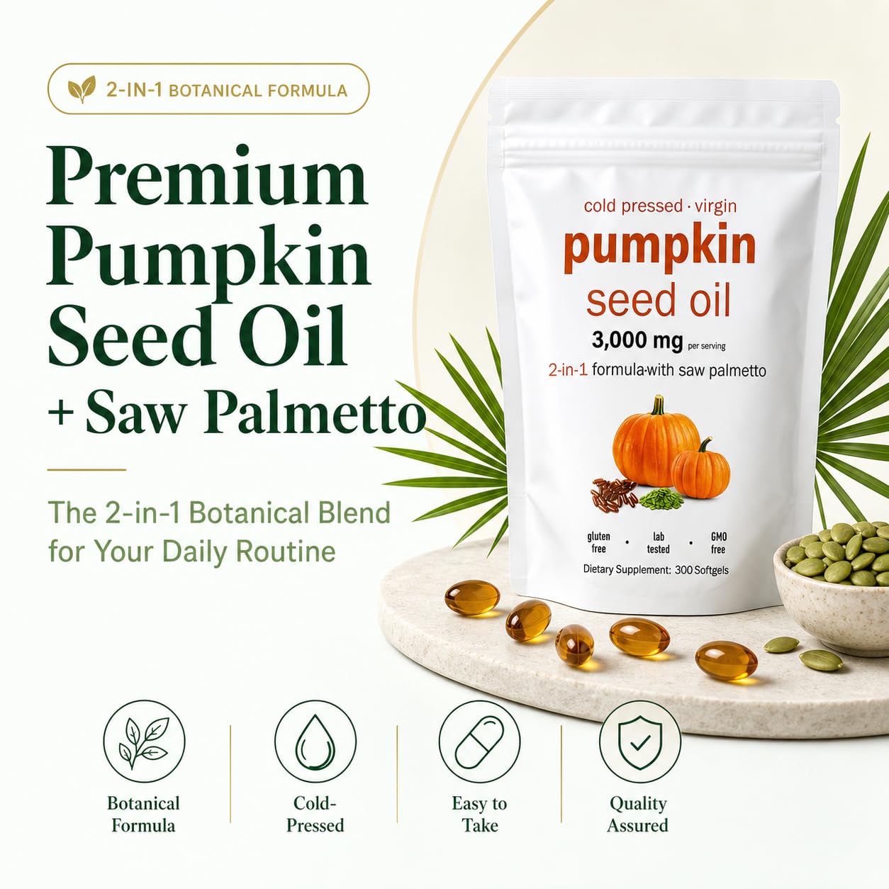 mhinese Pumpkin Seed Oil with Saw Palmetto Softgels 3500mg Cold Pressed Hair Wellness & Daily Balance for Men and Women, Non-GMO, 300 Ct