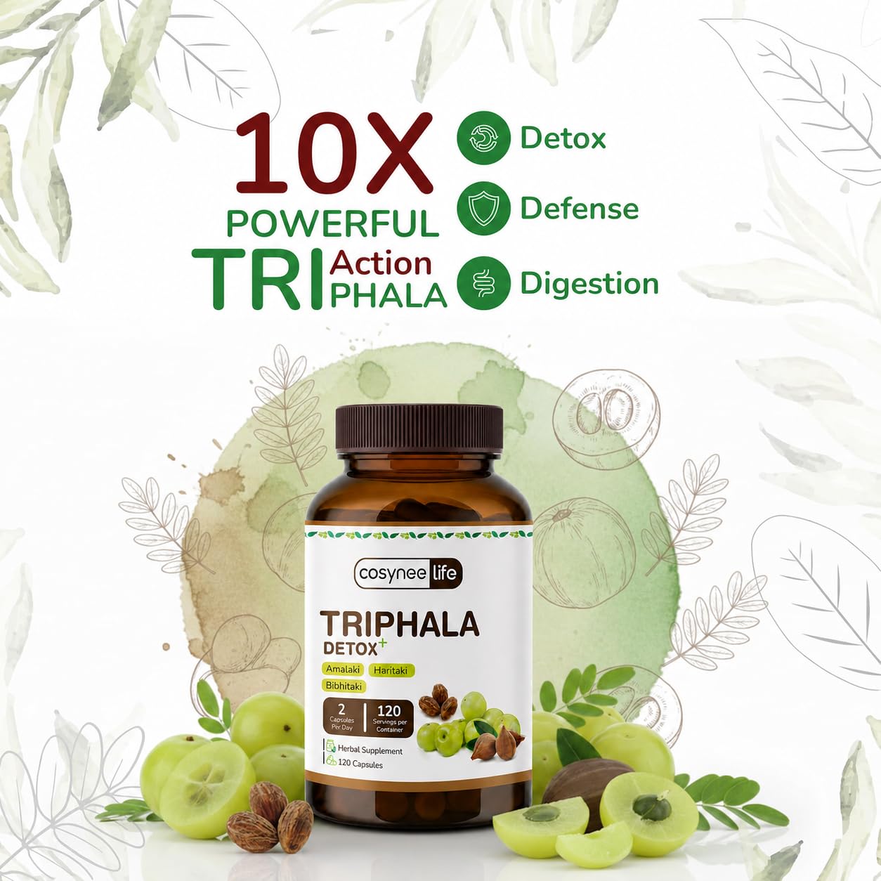 Cosynee Life Triphala Capsules 300 mg (1:1:1 Ratio) with Amla, Haritaki & Bibhitaki, 120 Capsules