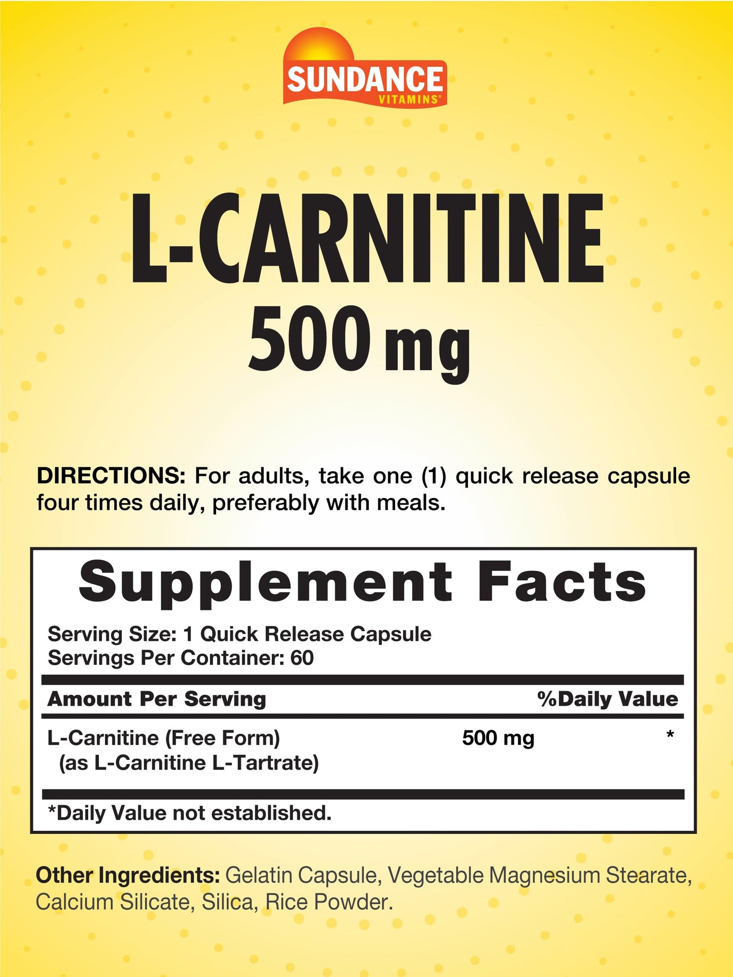 Sundance L-Carnitine L-Tartrate Supplement 500mg Capsules, 60 Count