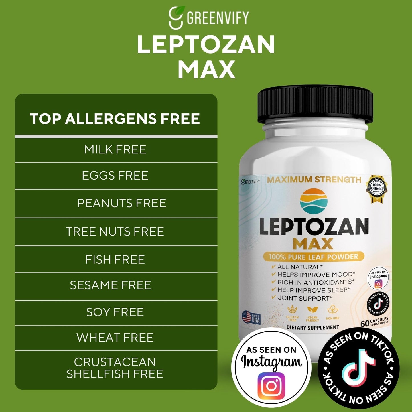GREENVIFY Leptozan Max 800mg Horseradish Tree Moringa Supplement Capsule 180 Count