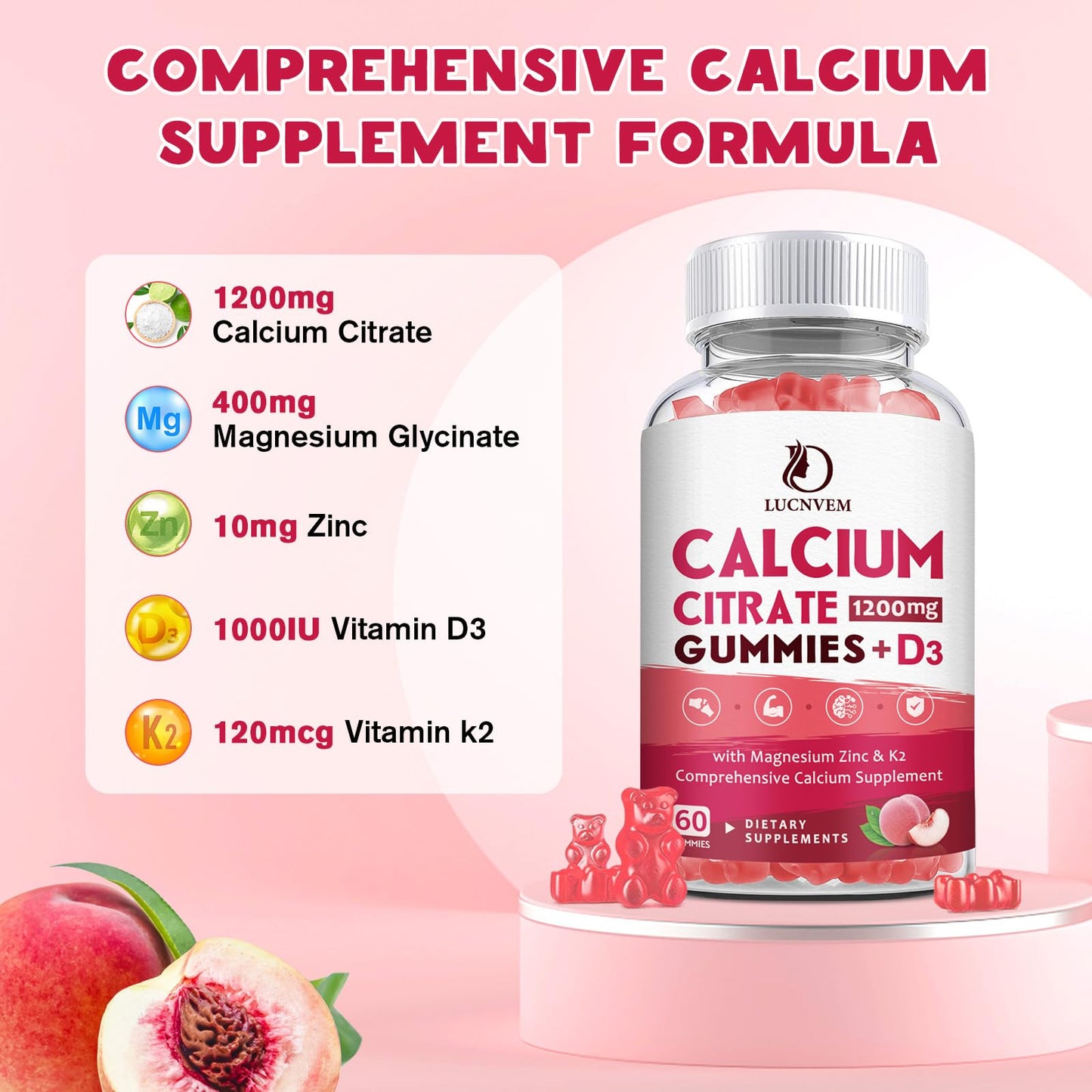 LUCNVEM Calcium Citrate 1200mg with Vitamin D3 Gummies Peach Flavor, 180 Gummies