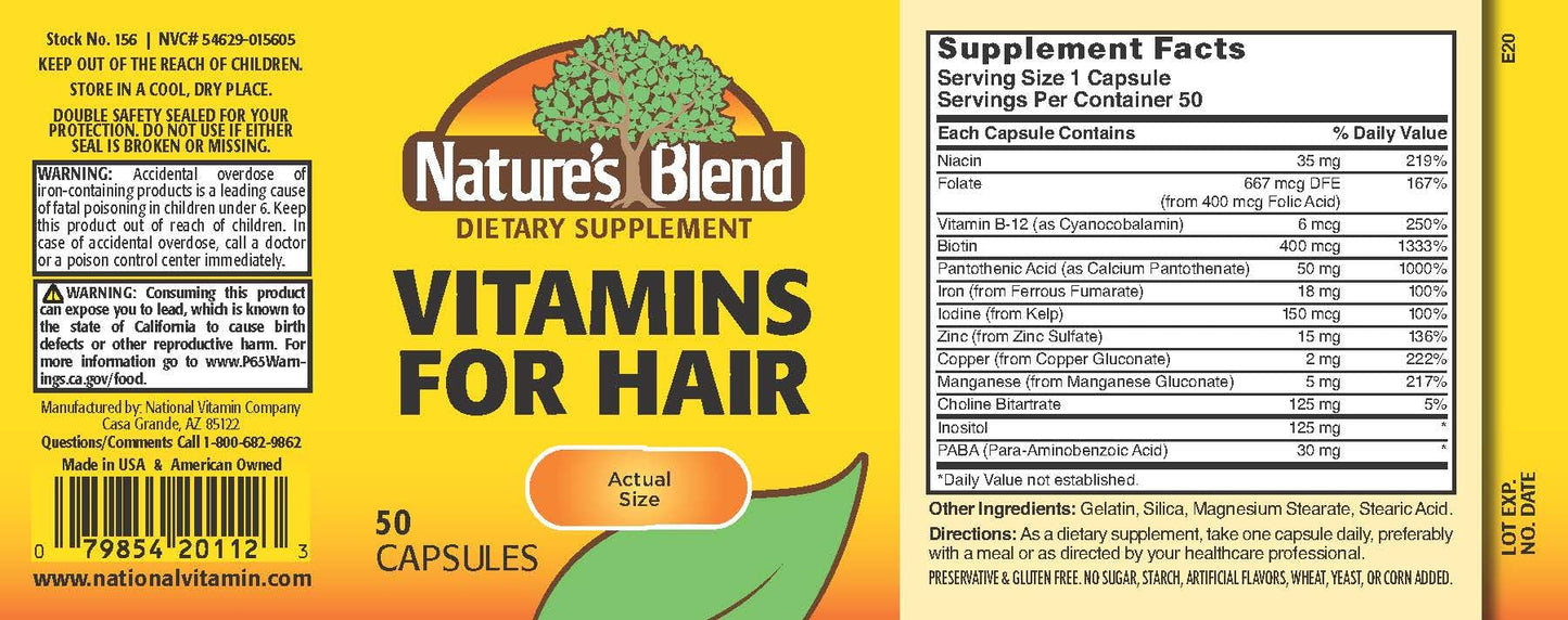 Nature's Blend Vitamins For Hair Capsules 50 Count