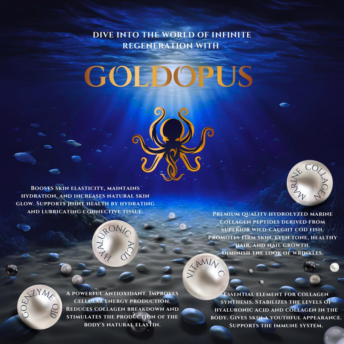 GOLDOPUS Marine Collagen Peptides Powder with Hyaluronic Acid, Coenzyme Q10, Vitamin C - Promote Firm Skin, Strong Nails & Hair, Healthy Joints - Hydrolyzed Collagen from Atlantic Cod - 9.05 Ounce