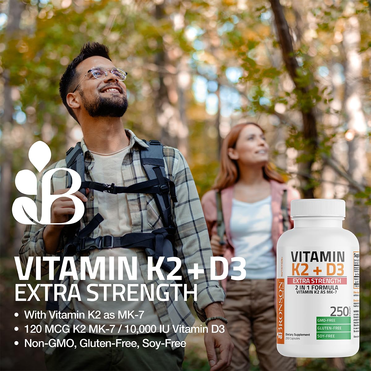 Bronson Vitamin K2 (MK-7) with D3 Extra Strength Bone Health Non-GMO Formula, 10,000 IU & 120 mcg MK-7, 60 Capsules