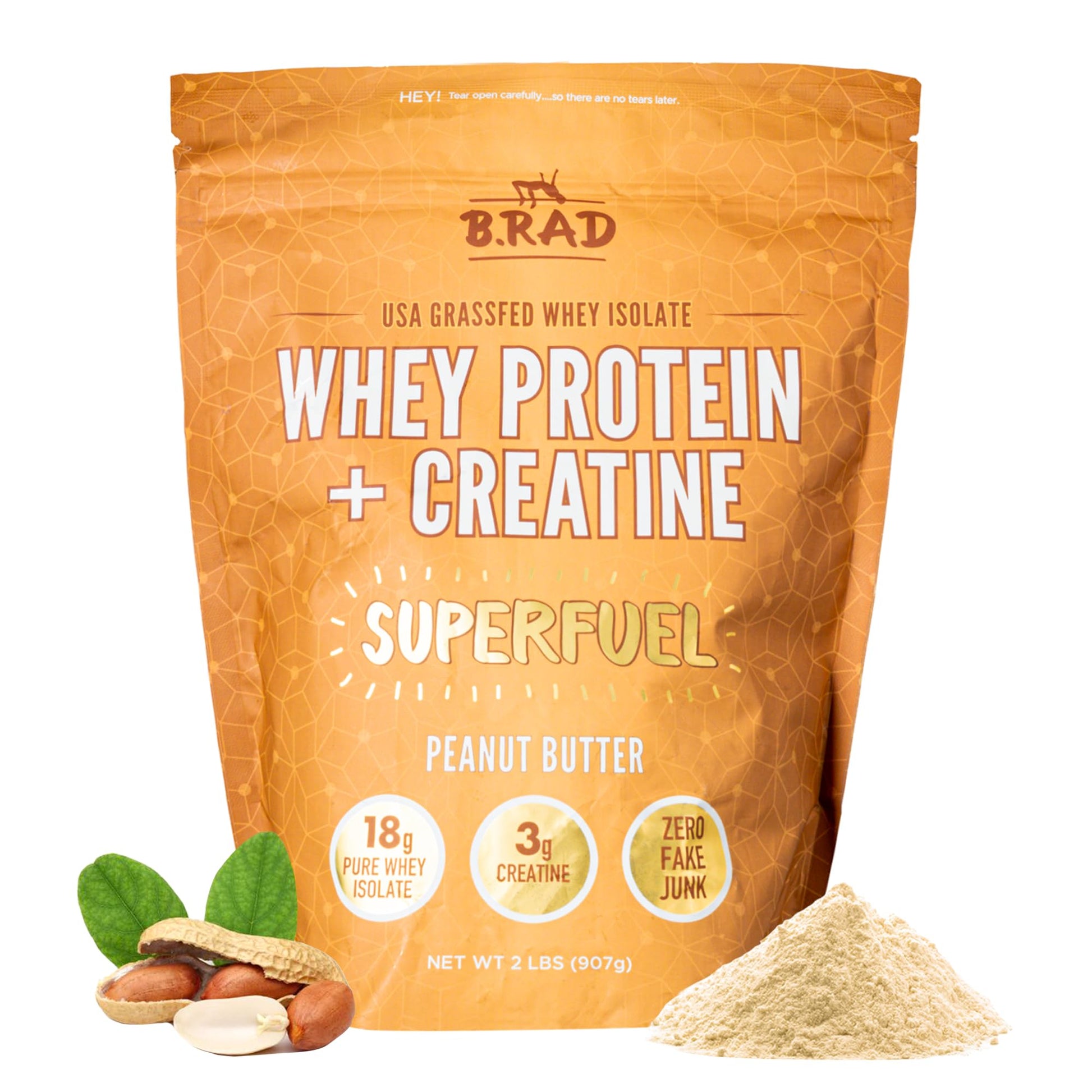 B.rad Superfuel Grass Fed Whey Protein Isolate Boosted with Creatine Peanut Butter Powder, 2 lb, 32 Servings