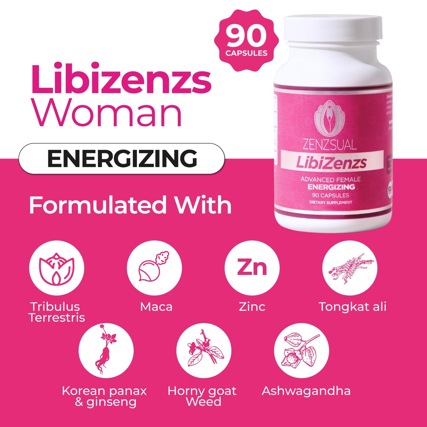 ZENZSUAL Libizenzs Plant-Based Energy Support Supplement for Women – Caffeine-Free with Maca Root, Ashwagandha & Ginseng – Supports Daily Stamina, Focus & Well-Being – 90 Vegan Capsules