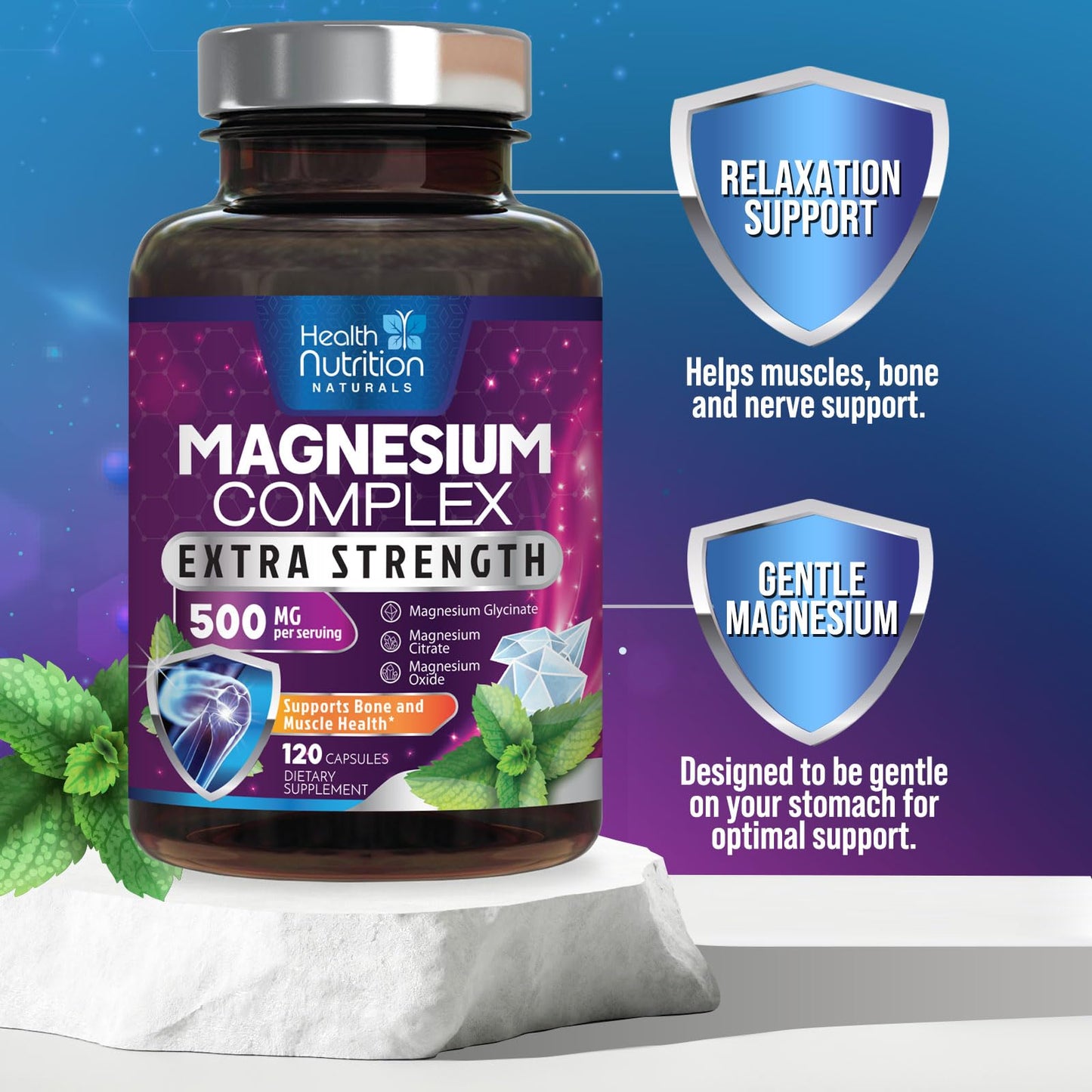 Health Nutrition Naturals Magnesium Complex 500mg per Serving Capsules, 120 Count