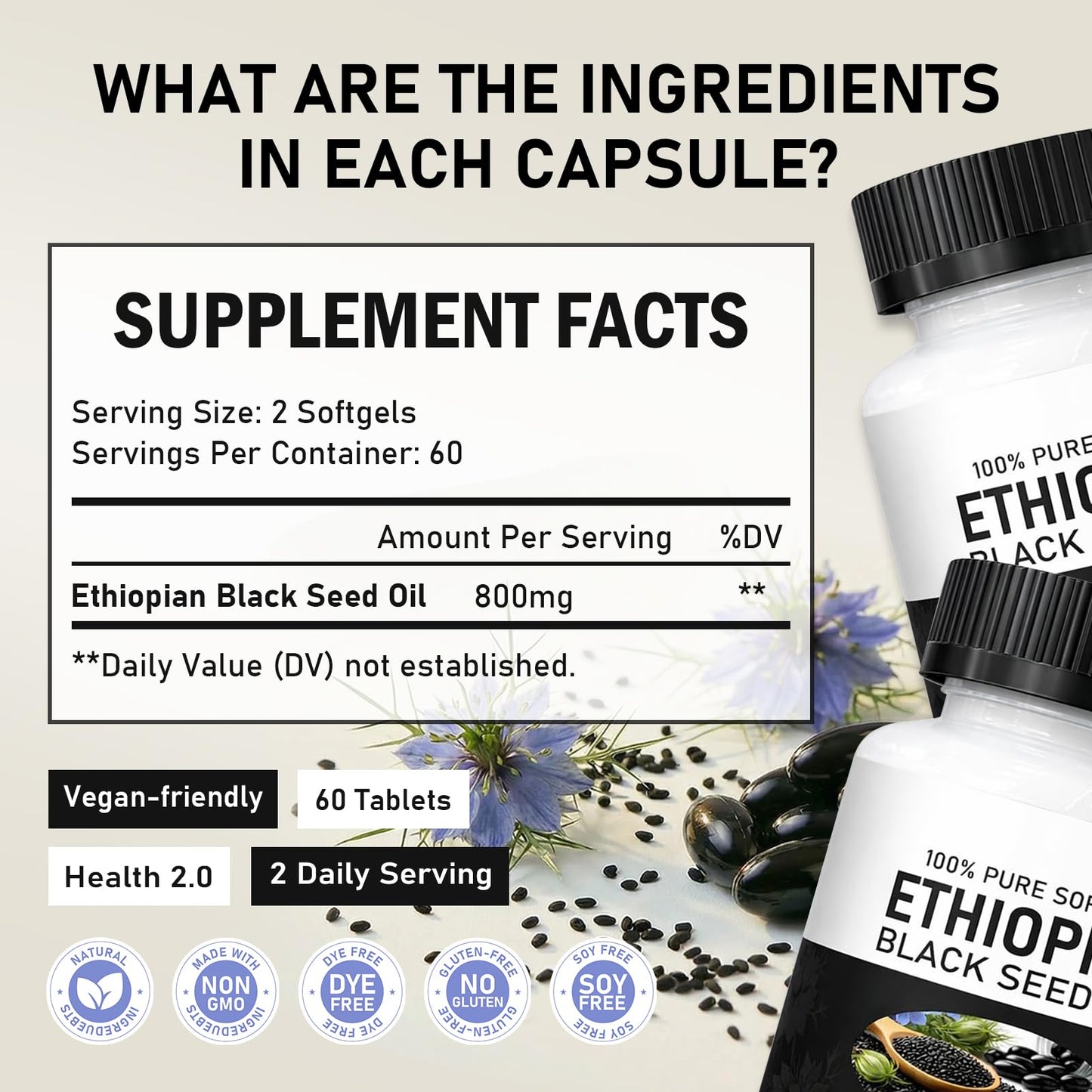 muoyid Ethiopian Black Seed Oil Capsules with 4.64% Thymoquinone, Immune Support & Digestion & Energy Booster, Capsule, 1 Count