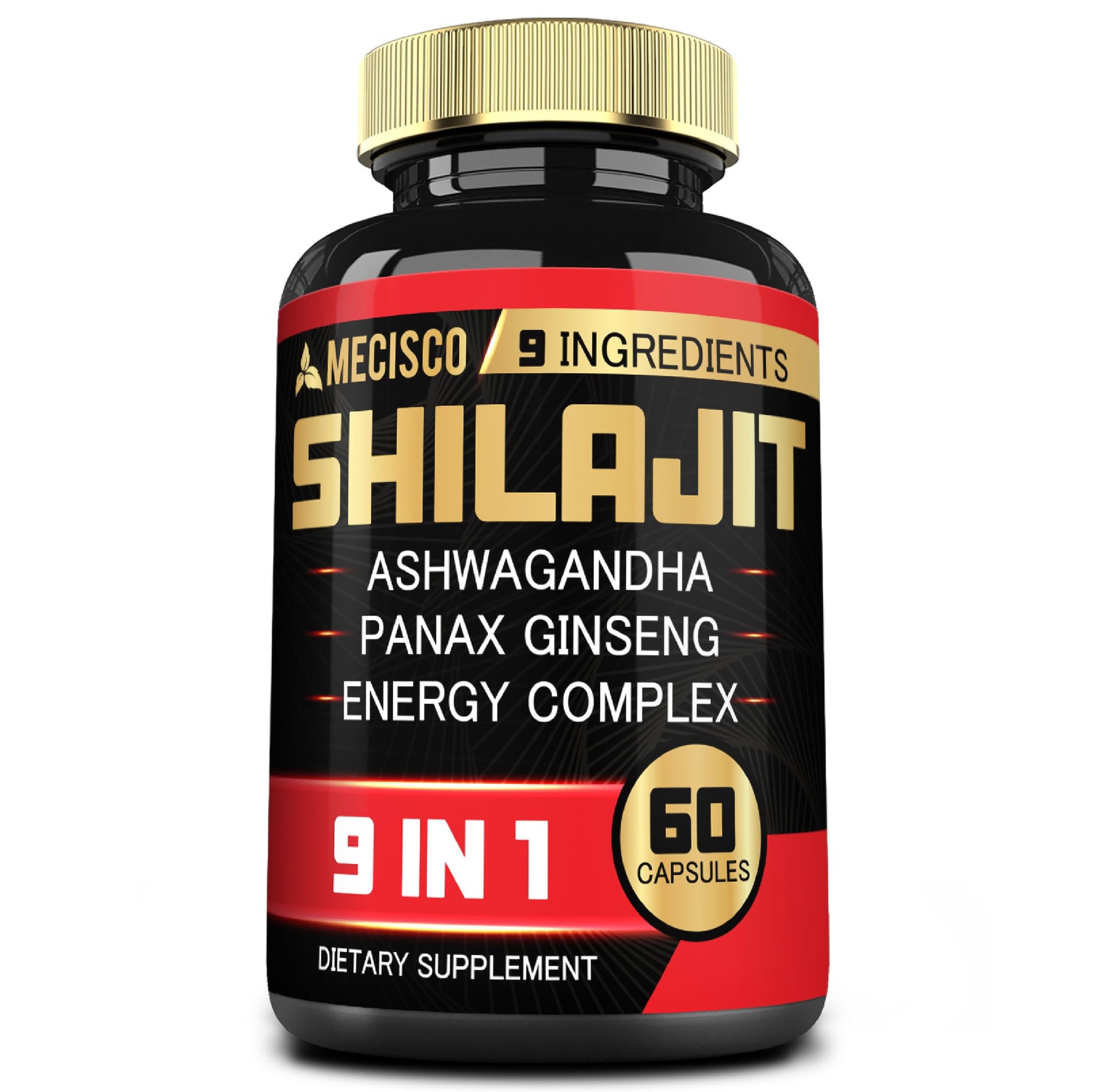 Mecisco Shilajit Supplement with Ashwagandha Root, Panax Ginseng, L-Arginine, Chaga & More Capsules 60 Count