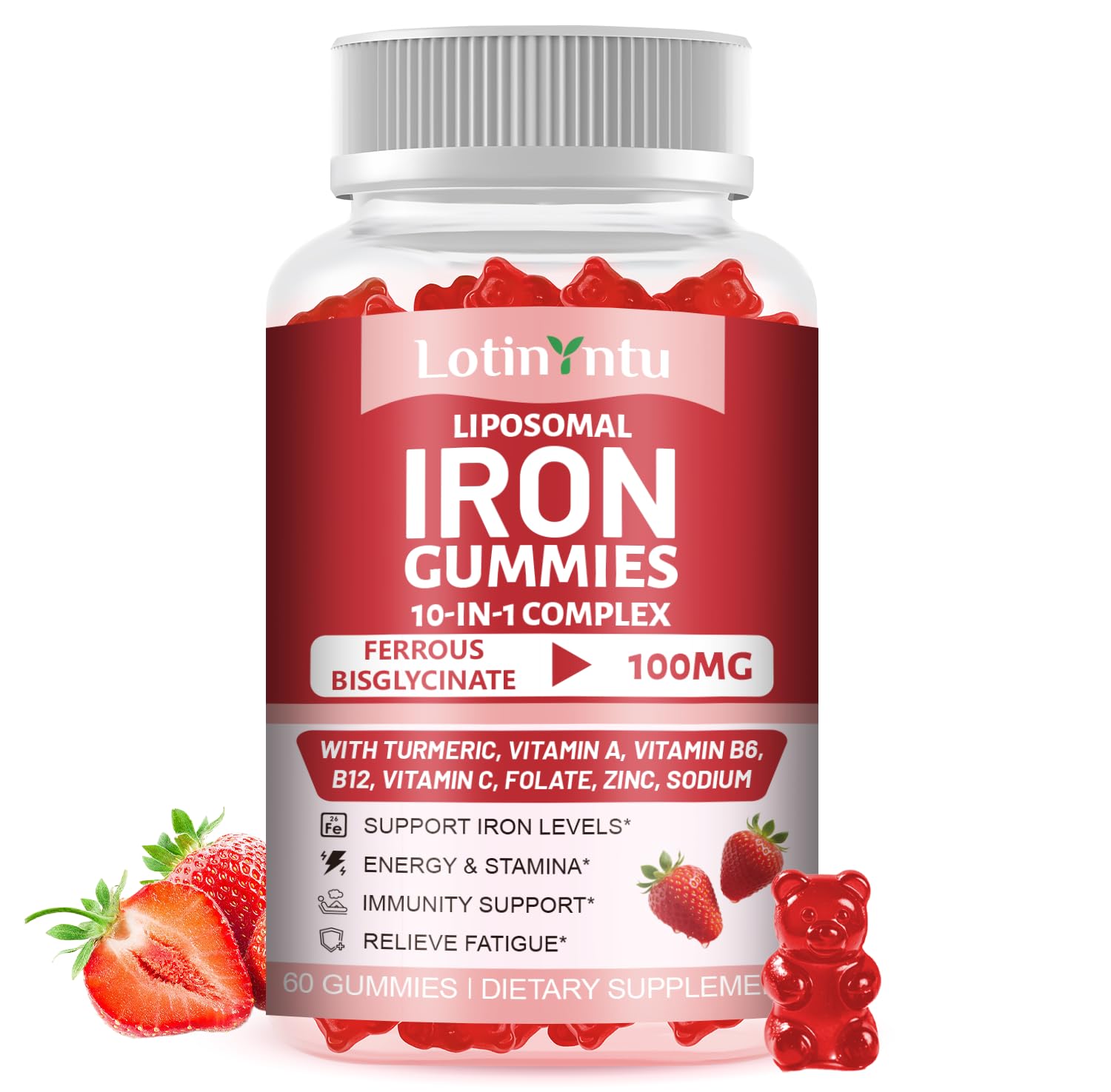 LotinYntu Iron Gummies 100mg, 10-in-1 Iron Supplement for Women & Men with Vitamin C, Vitamin B6 & B12, Iron Bisglycinate, Immunity & Energy Support, 60 Gummies