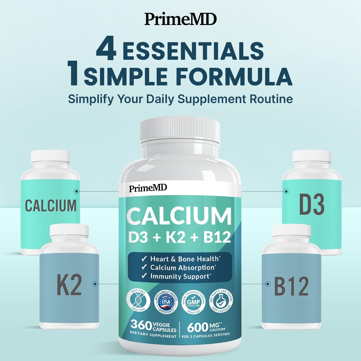 PrimeMD 4-in-1 Calcium Supplements for Women & Men Calcium Citrate with D3 K2 Vitamin 5000 IU, Calcium 600mg with Vitamin D3 K2 Everyday Vitality Capsule, 360 Capsules