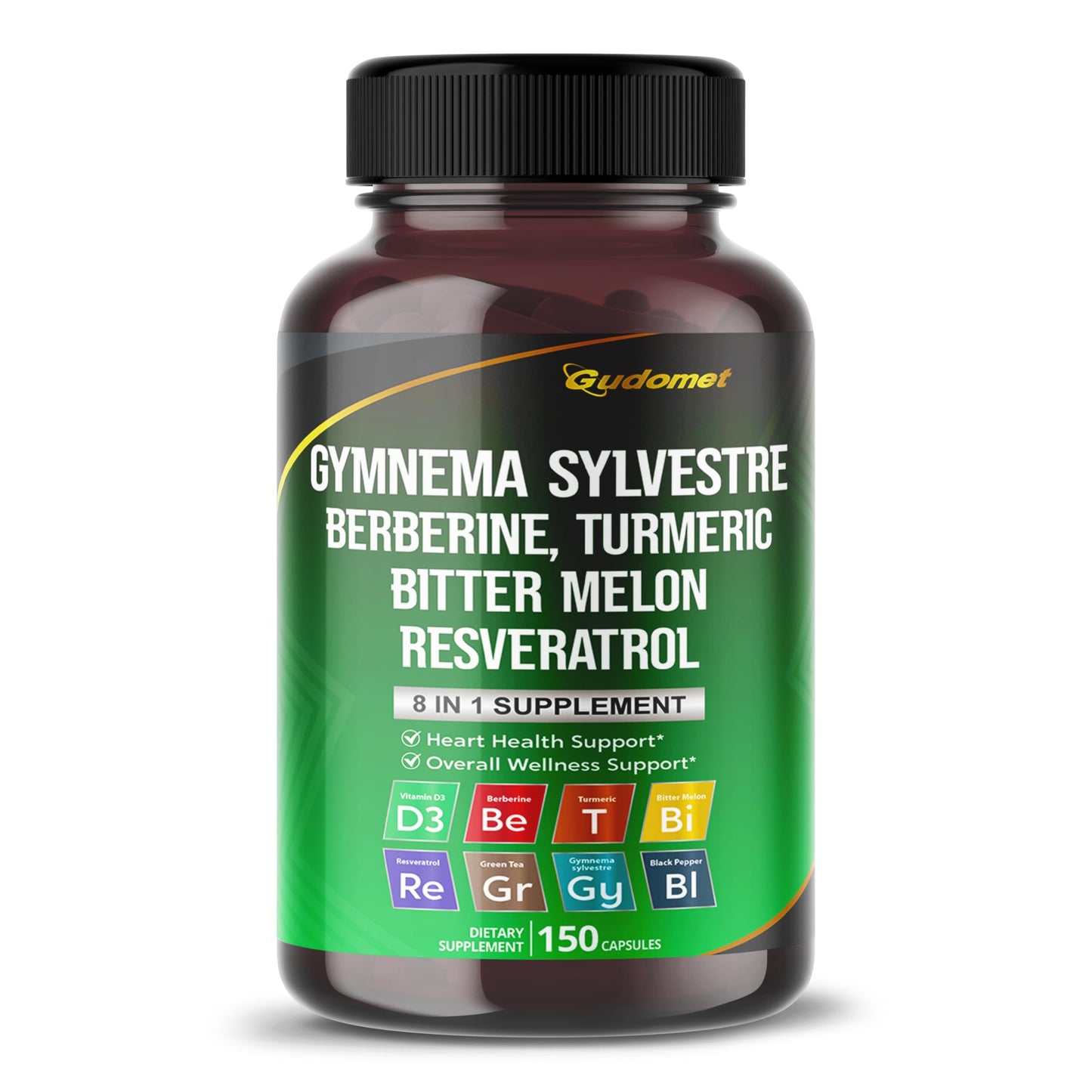 Gudomet 8-in-1 Herbal Supplement with Gymnema Sylvestre, Berberine, Turmeric, Bitter Melon & Resveratrol – 150 Capsules