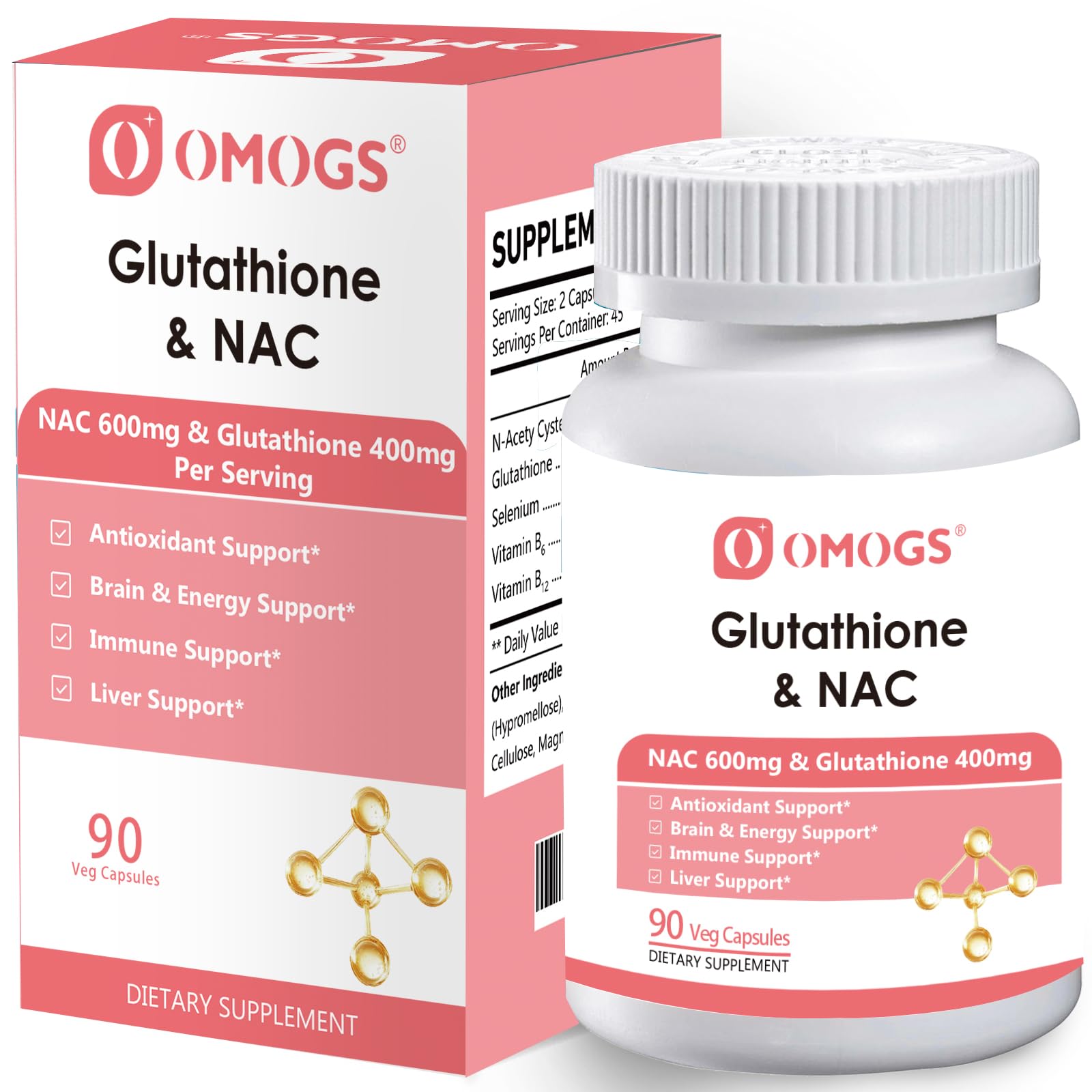 OMOGS Glutathione & NAC Supplement, 90 Veg Capsules