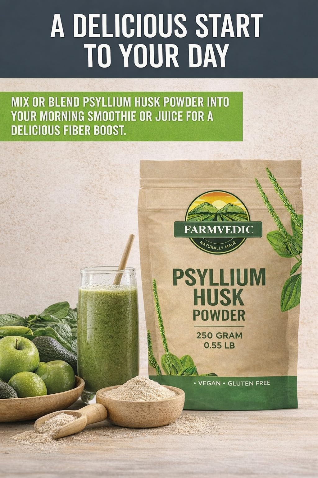 FARMVEDIC Psyllium Husk Fiber Powder Unflavored, Gluten-Free, Non-GMO, 8.81 oz