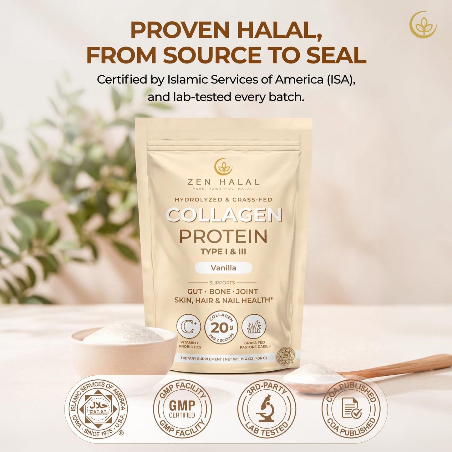 ZEN HALAL Hydrolyzed Collagen Peptides Powder Vanilla 15.4 oz