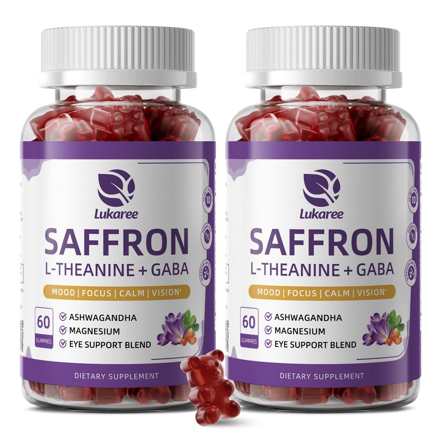 Lukaree 10-in-1 Saffron Gummies with L-Theanine 200mg, GABA, Ashwagandha, Turmeric, Lutein, Zeaxanthin & Astaxanthin for Mood, Focus & Eye Support, 120 Gummies