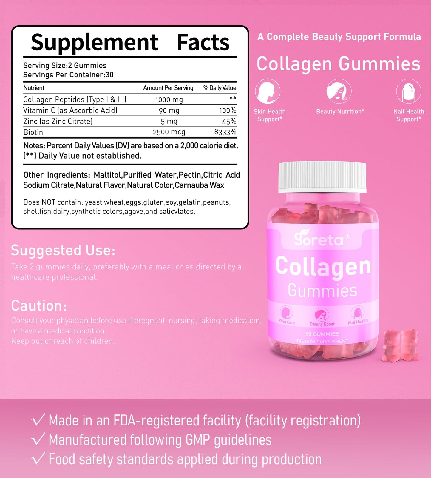 Goreta Collagen Gummies with Biotin, Vitamin C & Zinc – 1000mg Hydrolyzed Collagen Peptides for Skin, Hair & Nails Nutrition, Daily Beauty Nutrition, Peach Flavor, 60 Gummies