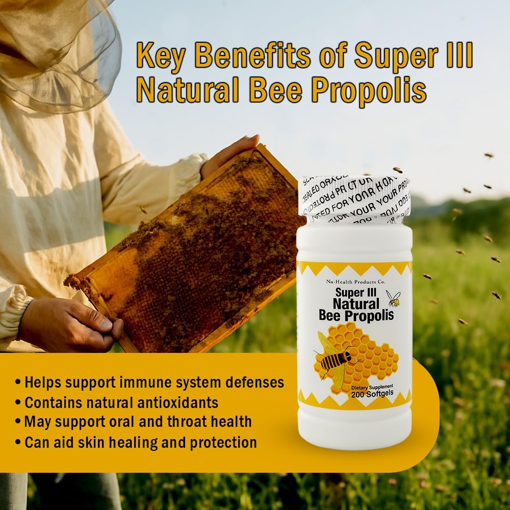 NCB NCB TECHNOLOGY Nu Health Super III Natural Bee Propolis with Vitamin C, Zinc & Lecithin Softgels, 200 Count