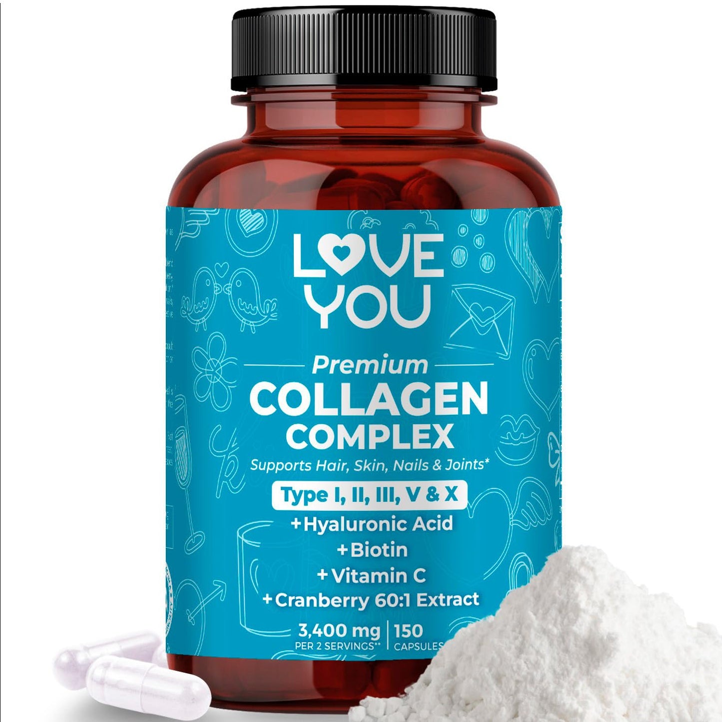 Love You Collagen Complex Types I, II, III, V & X Capsules, 150 Count