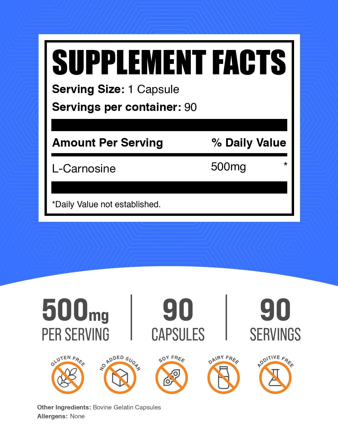 BulkSupplements L-Carnosine 500mg Capsules, 90 Count