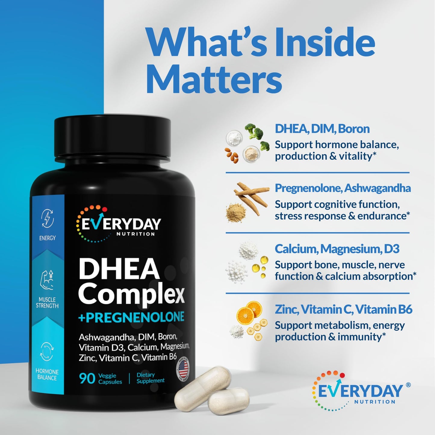 Everyday Nutrition DHEA Micronized 200mg Complex with Pregnenolone 100mg Hormone Support Capsules, 90 Count
