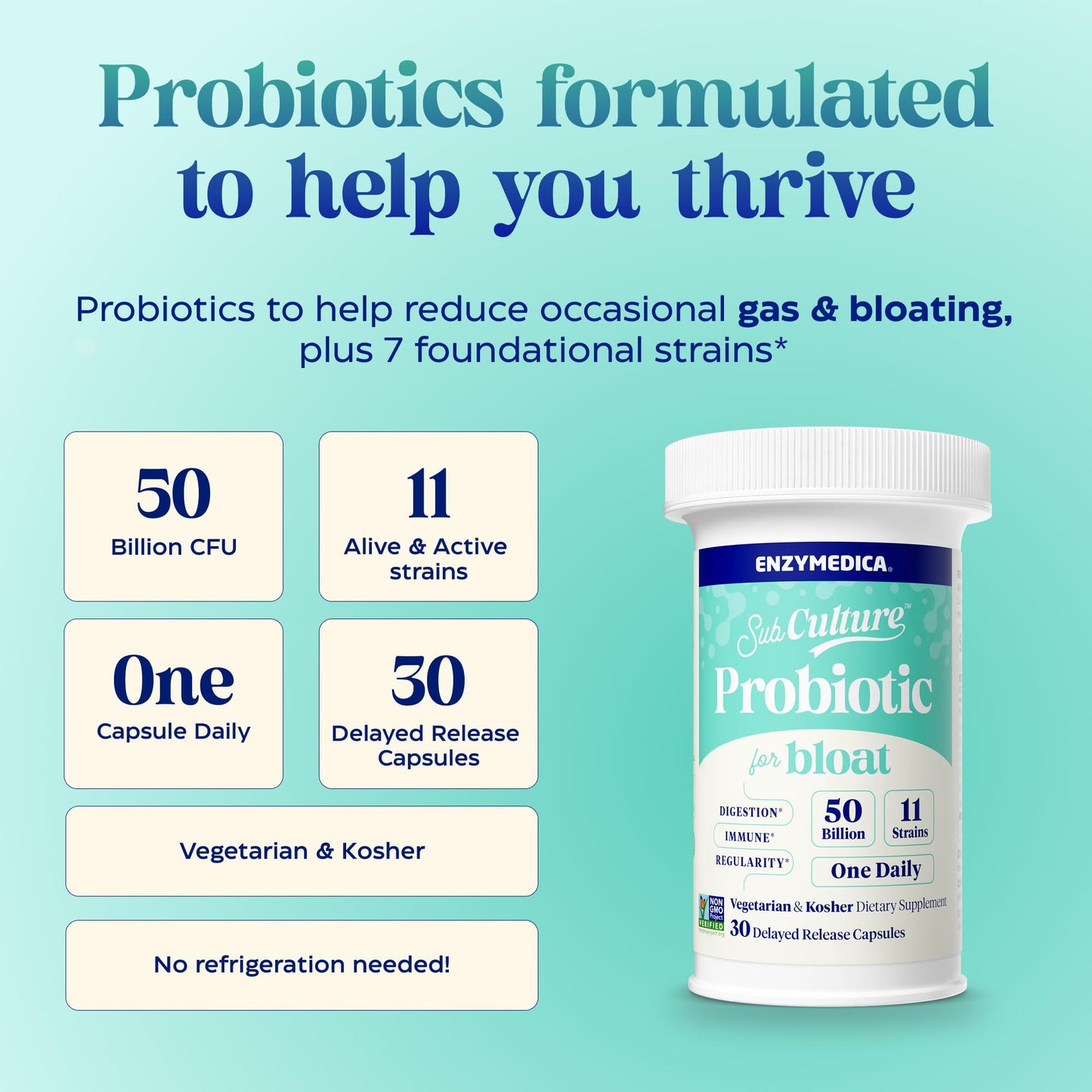 Enzymedica SubCulture Probiotic for Bloat & Digestive Health Capsules, 30 Count