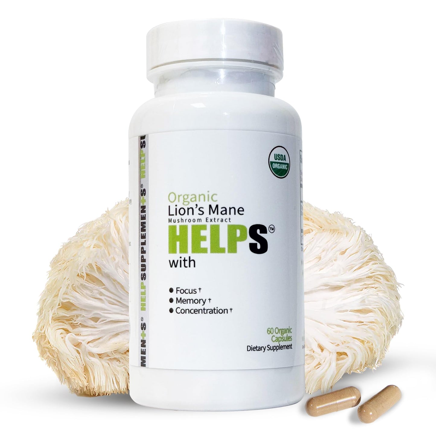 Help Supplements Organic Lion's Mane Mushroom Capsules, 1000mg Lion's Mane Powder Extract, 60 Capsules