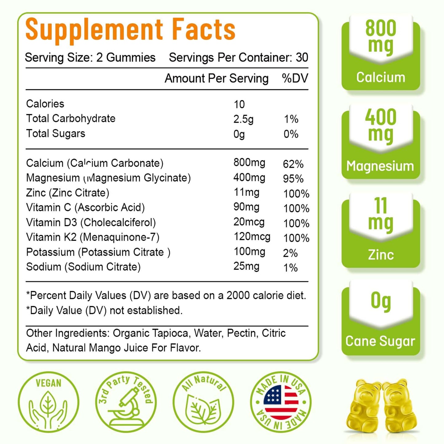 VZOXAINS Calcium Gummies with Magnesium Glycinate, Zinc, Potassium & Vitamin D3, 120 Gummies