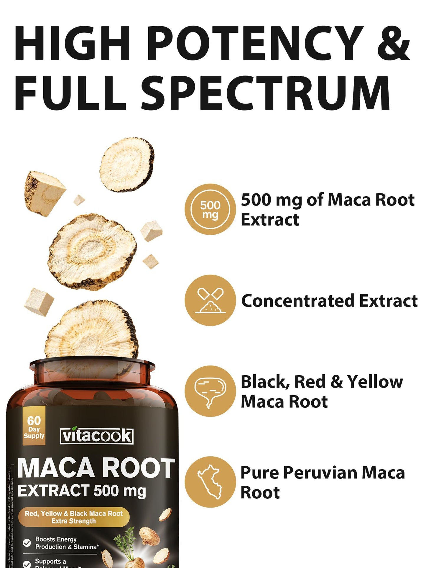 Vitacook Maca Root Capsules 500 mg Extract, Peruvian Maca (Black, Red & Yellow) for Energy, Stamina, Mood, 60 Veggie Capsules