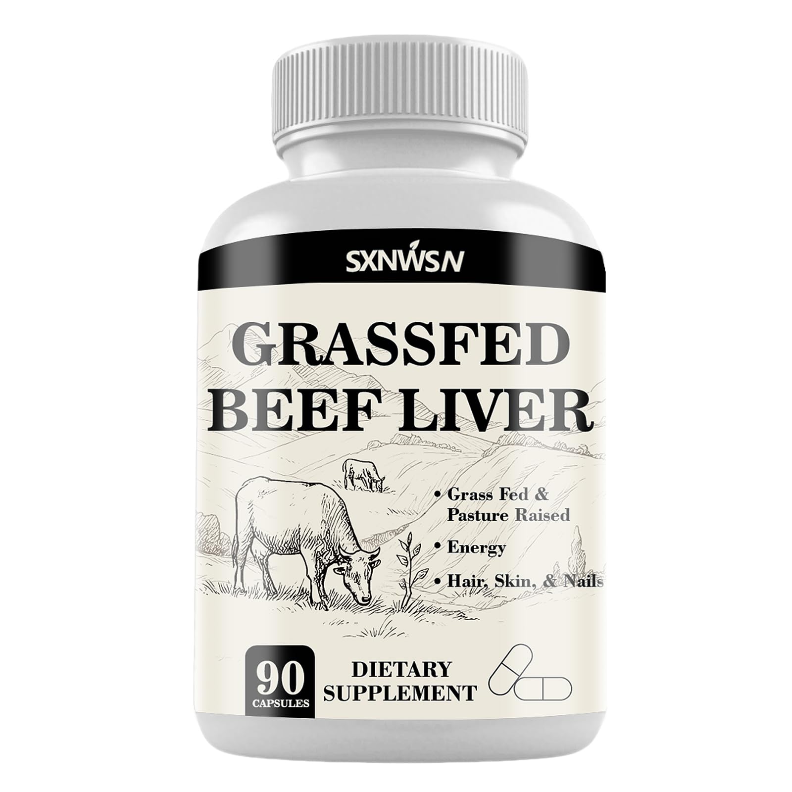 SXNWSN Grass Fed Beef Liver Capsules, 90 Count