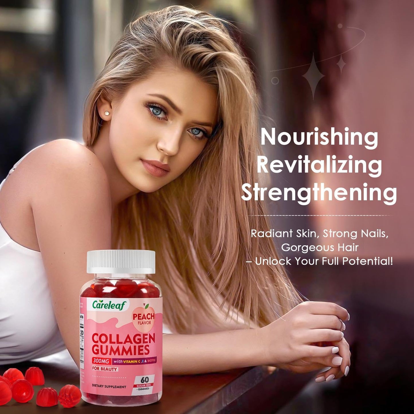 careleaf Sugar Free Collagen Gummies with Vitamin C, Vitamin E and Biotin, Natural Hydrolyzed Collagen 300mg, Peach Flavor, 60 Gummies