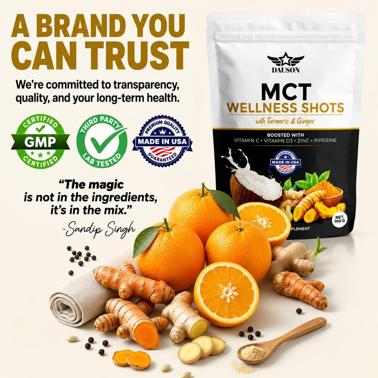 DAUSON MCT Shots Boosted with Turmeric, Ginger, Vitamin C, D3, Zinc, Piperine & Prebiotic Fiber Powder 3.53 oz