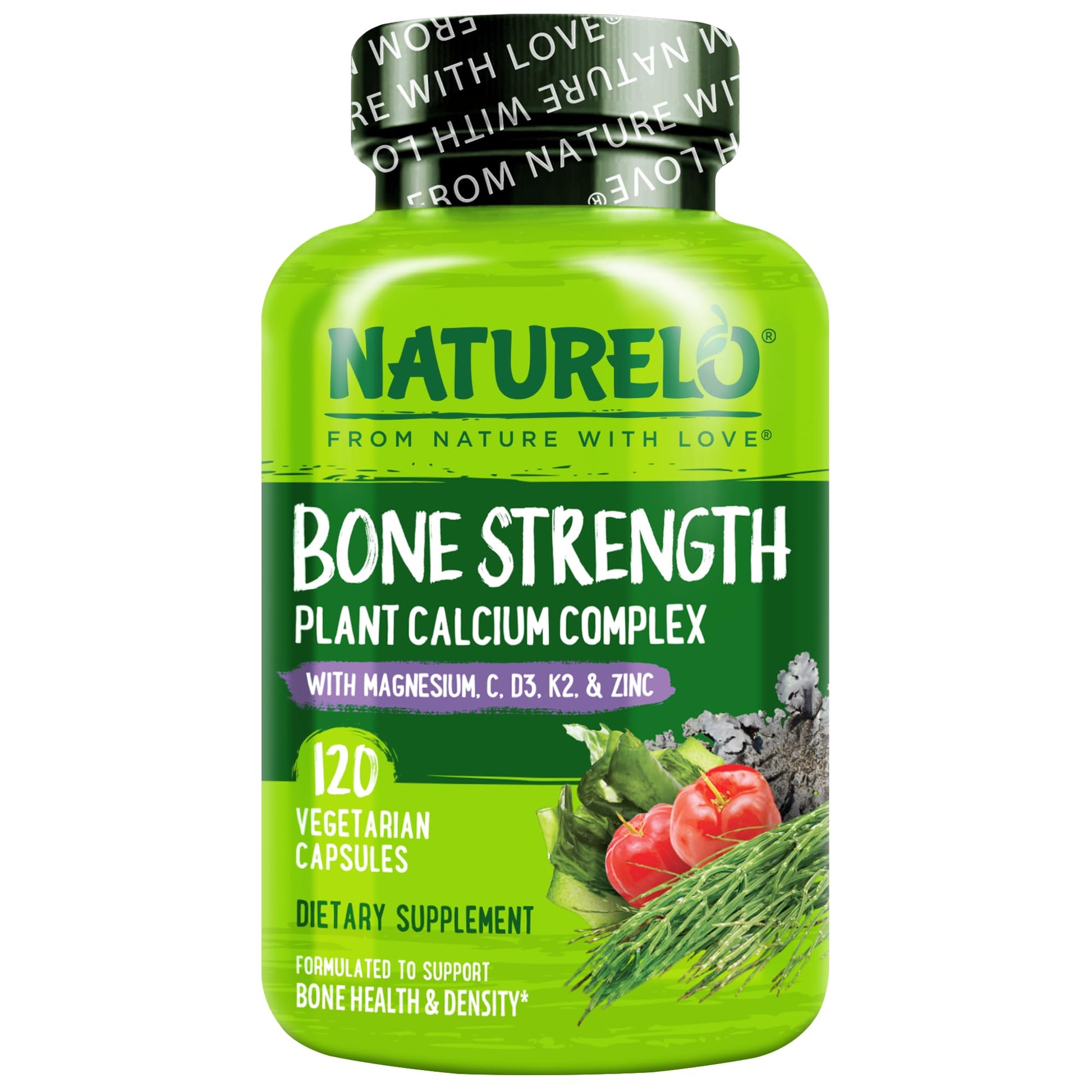 NATURELO Calcium Supplement with Vitamin C, D3, K2, and Calcium Magnesium Zinc for Bone Strength, 600mg Calcium, Plant-Based, 120 Vegetarian Capsules, Non-GMO, Soy & Gluten-Free