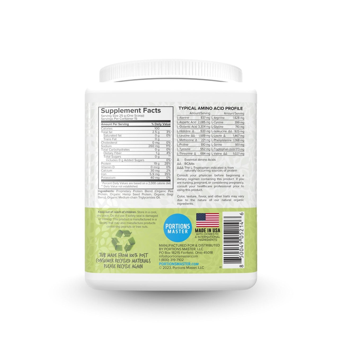 Portions Master Vegan Protein Blend, Pea Hemp Goji + MCT Protein Powder, 13.2 Ounce