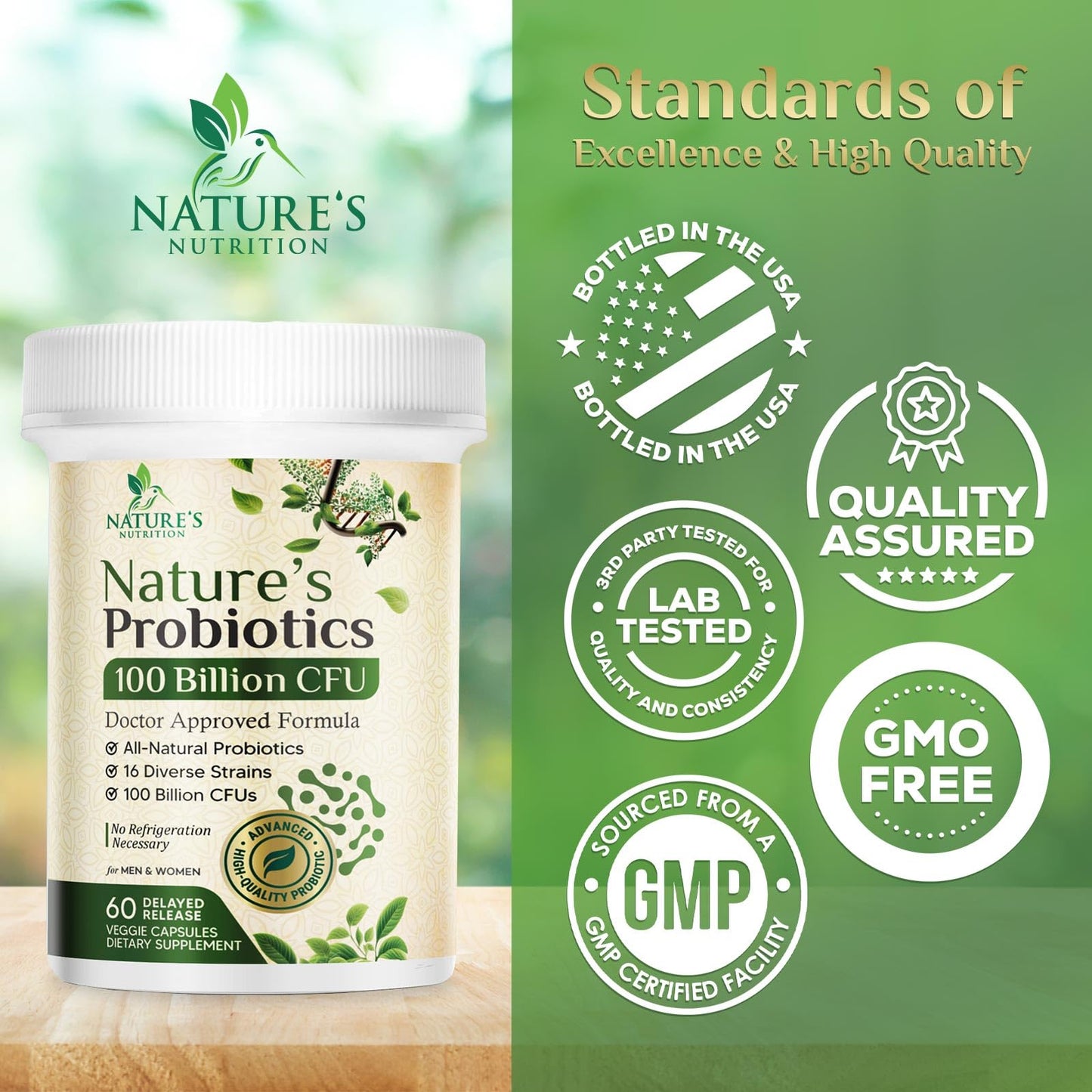 Nature's Nutrition Probiotics 100 Billion CFU Per Serving - 16 Premium Strains + Prebiotics - Probiotic Supplement for Adults - Supports Immune & Digestive Health & Occasional Constipation, 60 Capsules