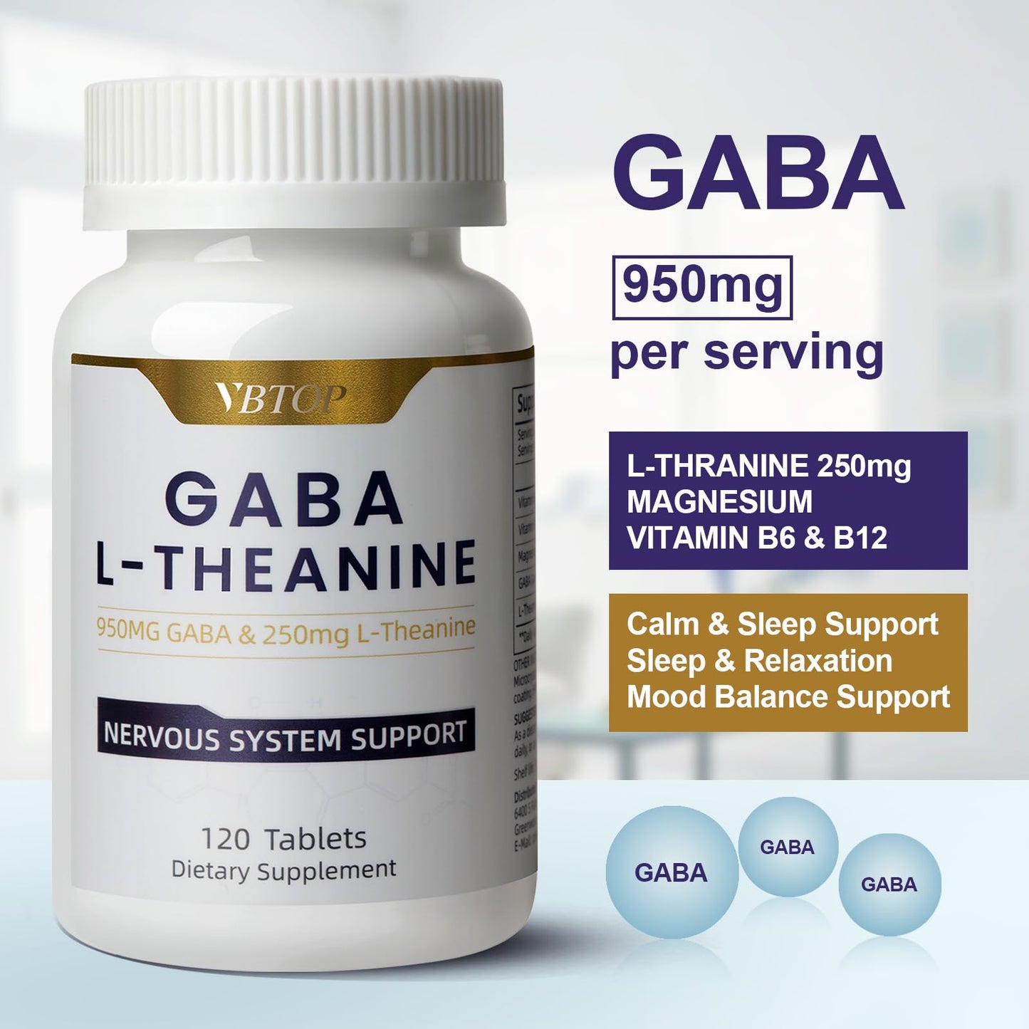 VBTOP GABA Supplement 950mg with L-Theanine 250mg, Melatonin-Free, Enhanced with B6/B12/Magnesium for Calm, Restful Sleep & Stress Relief, 240 Tablets