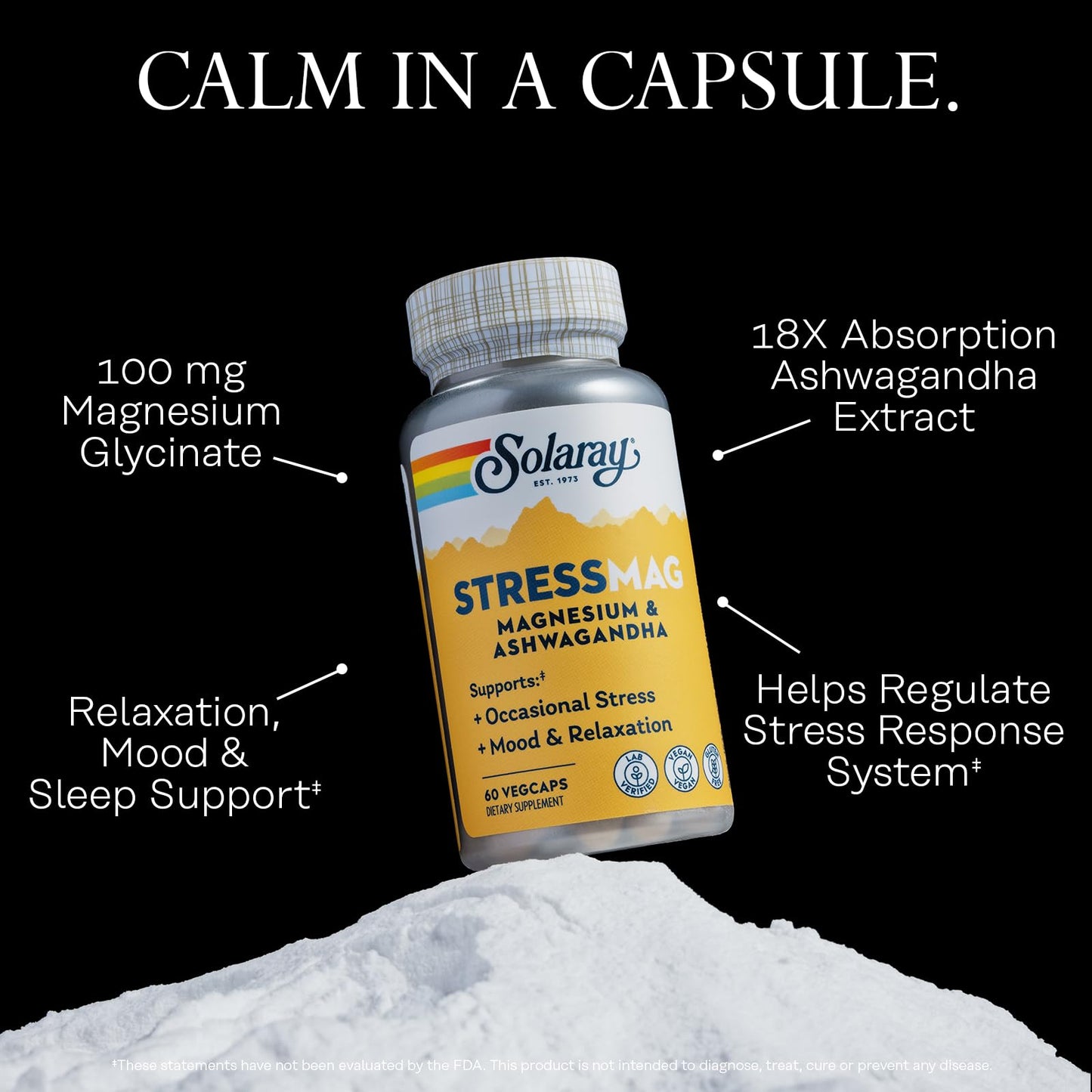 Solaray StressMag Magnesium Glycinate Plus Ashwagandha for Women and Men Capsules, 60 Count