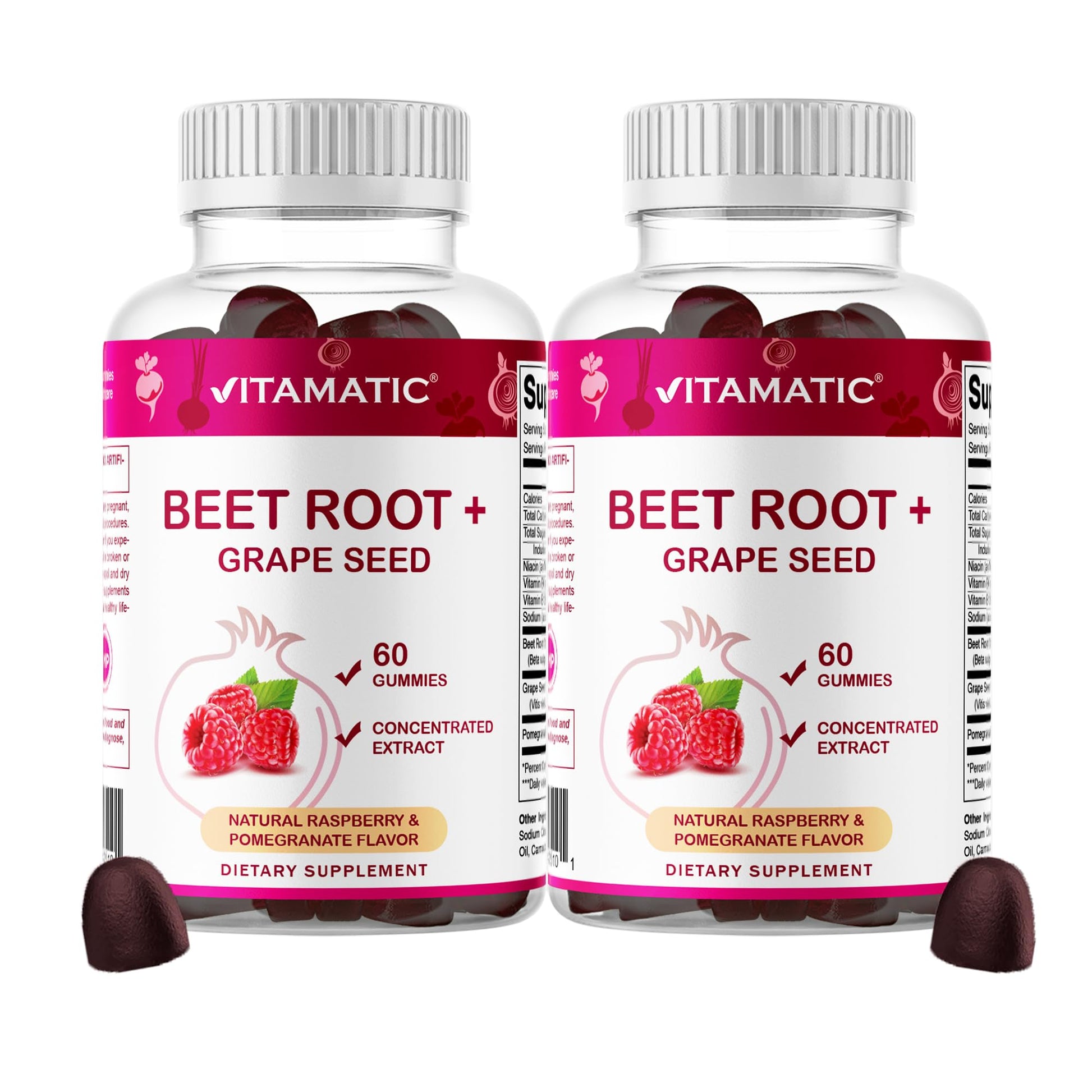 Vitamatic Beet Root Gummies with B6, B12, Grape Seed, Pomegranate & Nicotinamide – Plant-Based Extract – Vegan, Non-GMO – 120 Count