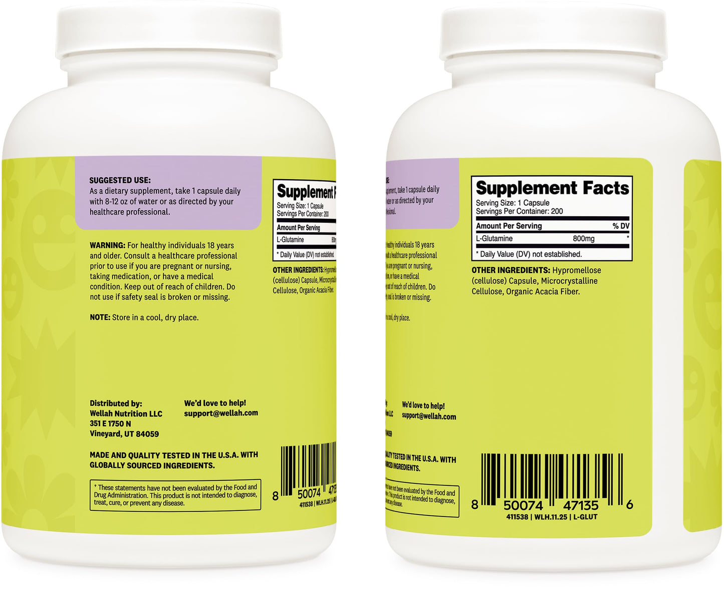 Wellah L-Glutamine for Women (800mg) Capsules, 200 Count