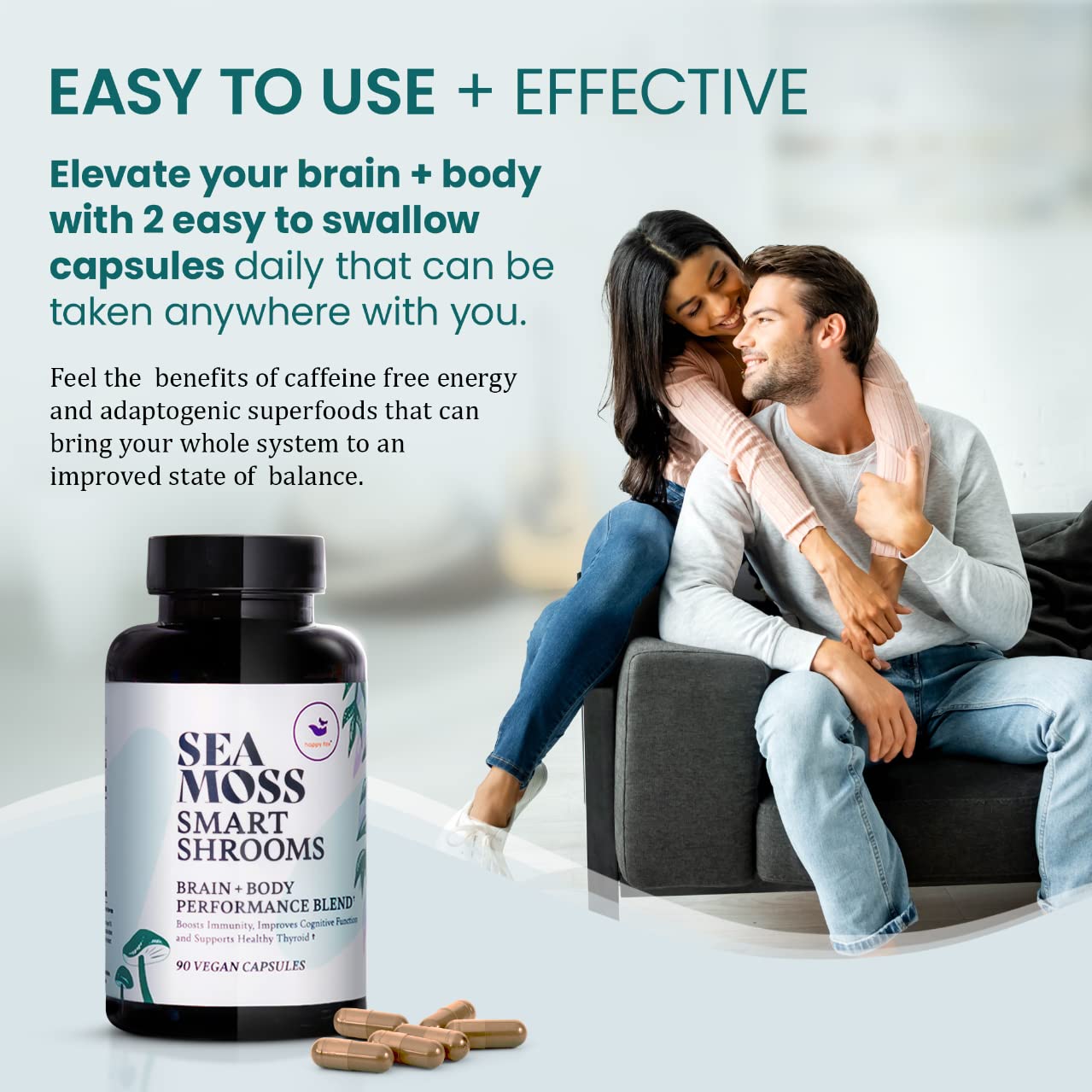HAPPY FOX Irish Sea Moss Capsules & Mushroom Complex - Organic Seamoss with Adaptogens for Brain Health, 1500mg, 90 Vegan Capsules