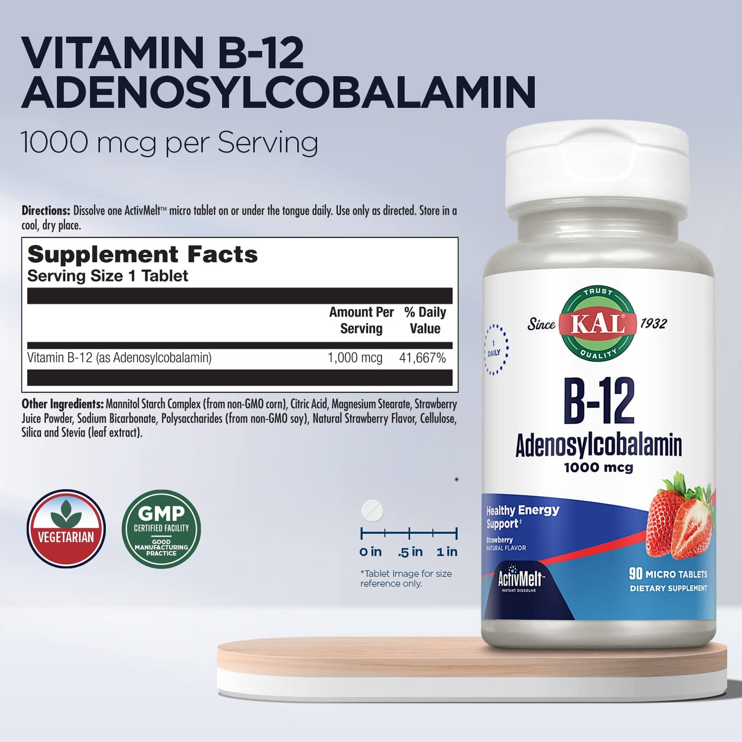 KAL Vitamin B12 Adenosylcobalamin 1000 mcg Lozenges, 90 Count