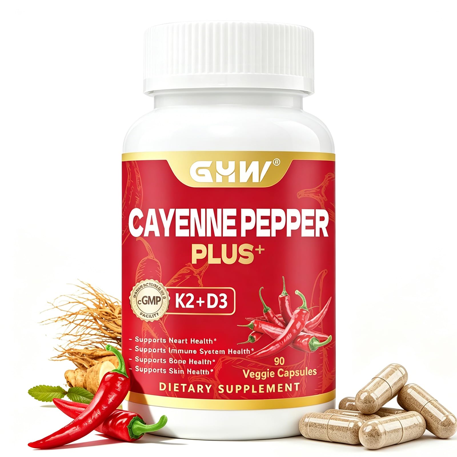GHW Cayenne Pepper Capsules with Vitamin D3 & K2, 90 Capsules