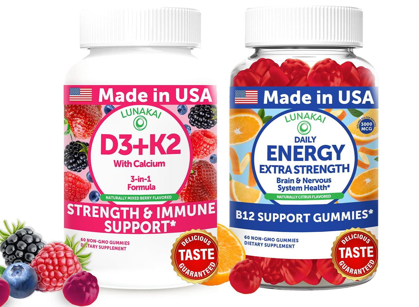 Lunakai D3+K2 with Calcium & Energy B12 Gummies, 120 Gummies