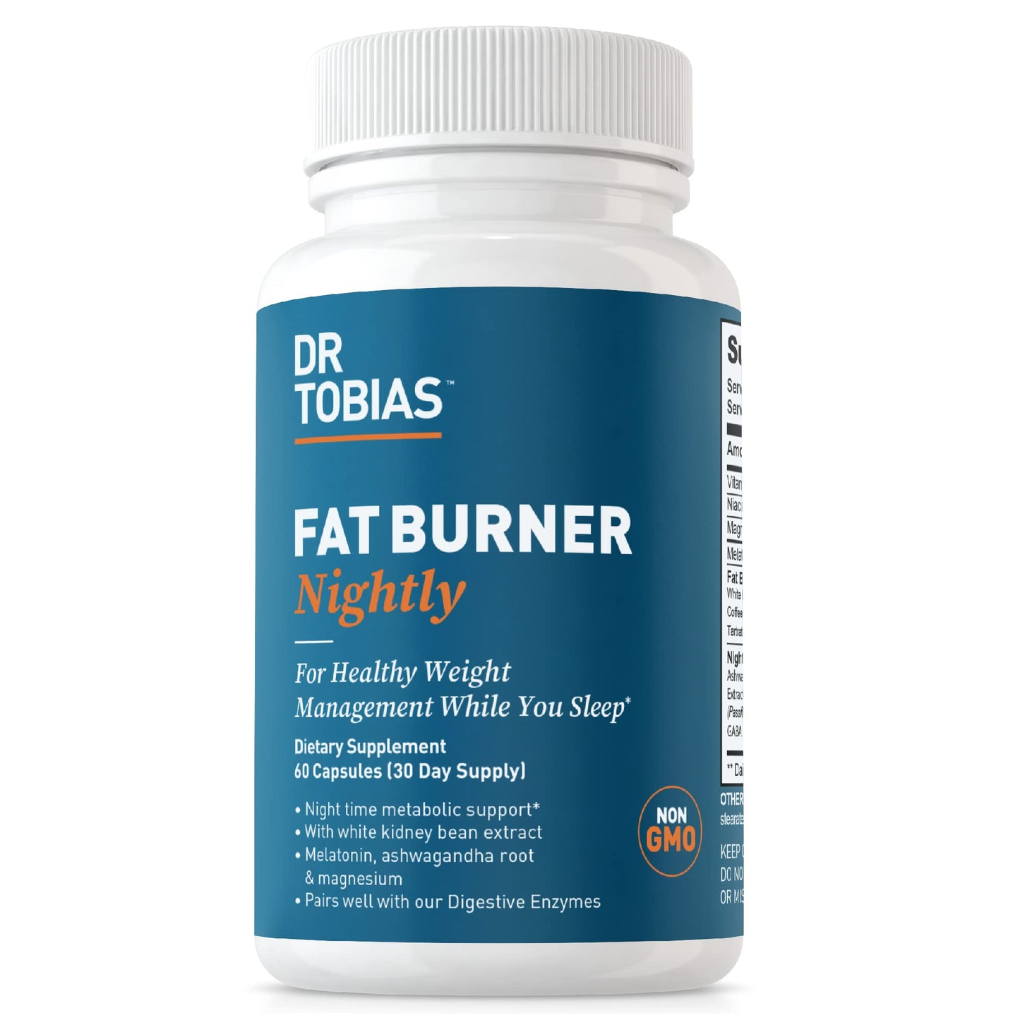 Dr. Tobias Fat Burner Nightly - Night Time Metabolic Support with White Kidney Bean Extract, Ashwagandha Root, Green Coffee Bean Extract & Melatonin Capsules, 60 Count