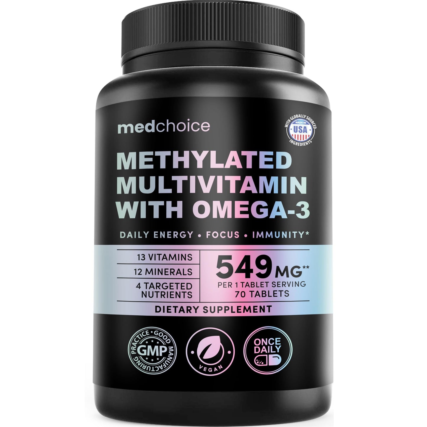 MEDCHOICE 29-in-1 Methylated Multivitamin for Men & Women with Omega 3, Active B12, 5-MTHF Folate, Plus Vitamins & Minerals, 70 Tablets