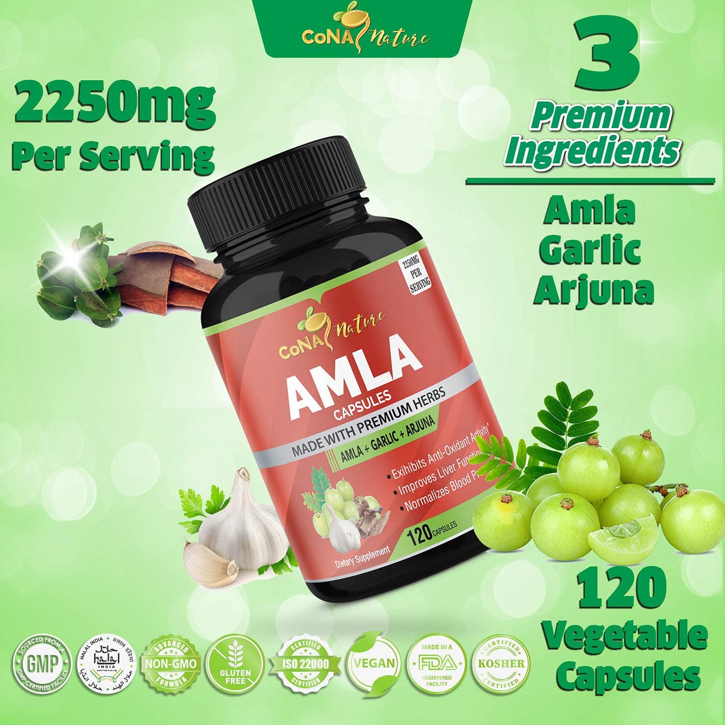 Cona Nature Organic Amla 2250mg with Arjuna & Garlic Capsules 120 Count